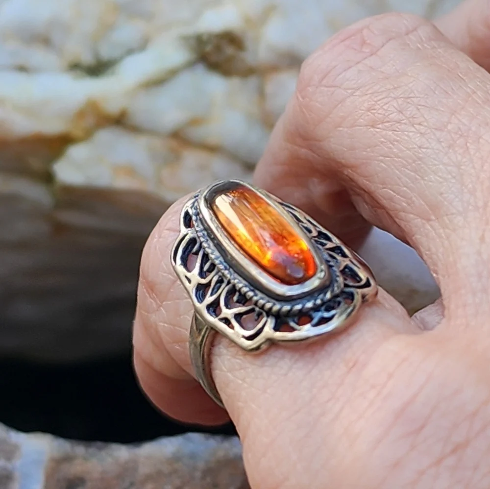 Estate Sterling Silver 925 Natural Baltic Amber Ring Honey Cognac Amber Jewelry